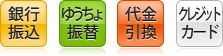 お支払方法は銀行振込・ゆうちょ銀行振替・代金引換・クレジットカード